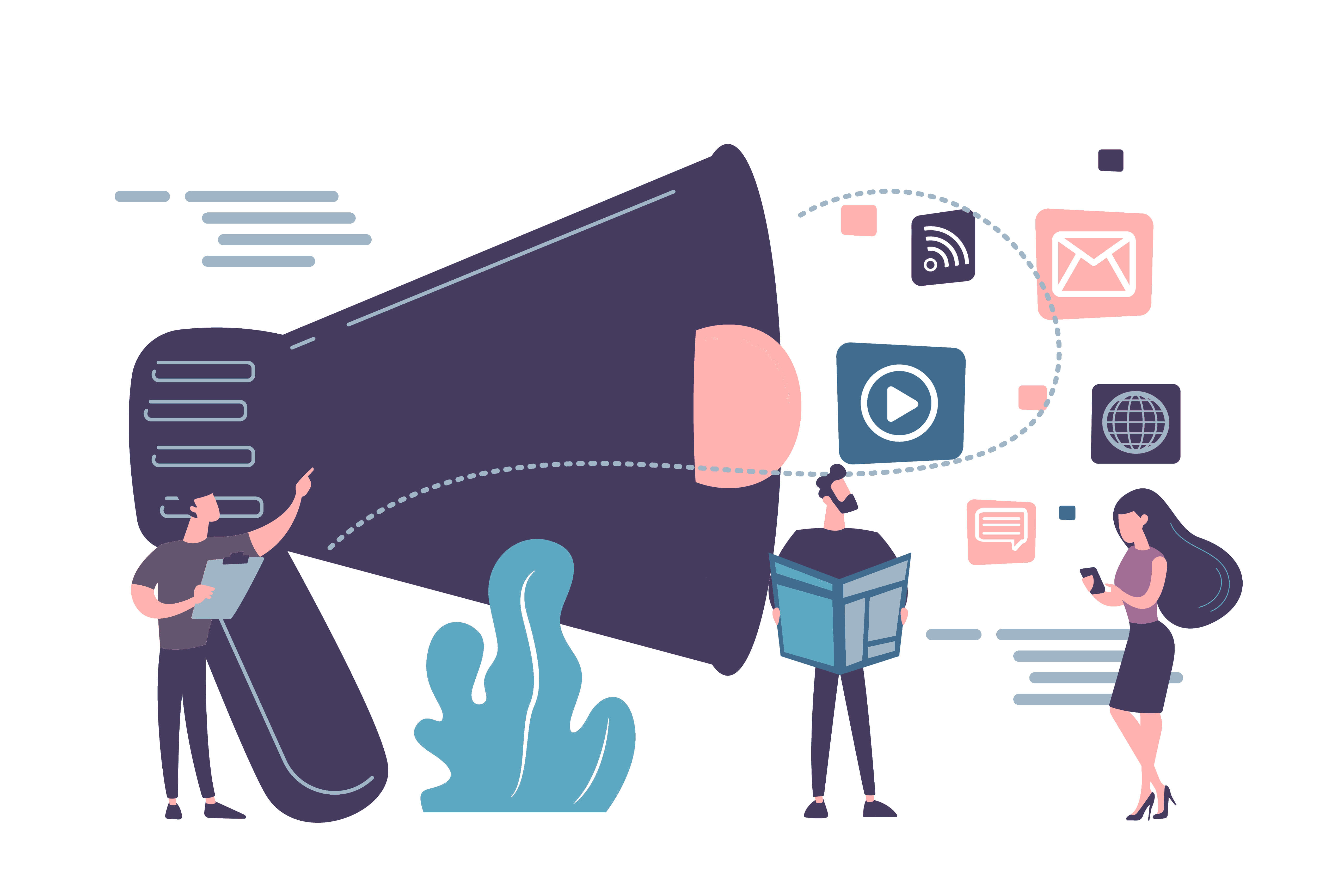 Megáfono con logos de redes sociales difundiendo